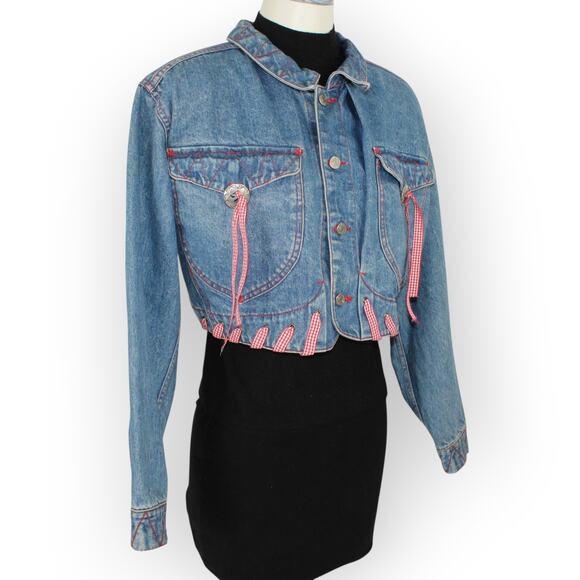 Vintage M/L HystericEtVous Crop Denim Jean Jacket Western Red Gingham Cowgirl - Picture 13 of 16